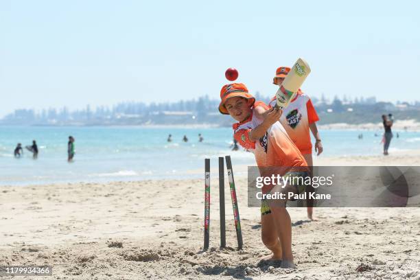 Cricket Blast kids play beach cricket during the Perth Day-Night Test Match Media Opportunity at North Fremantle on October 09, 2019 in Perth,...