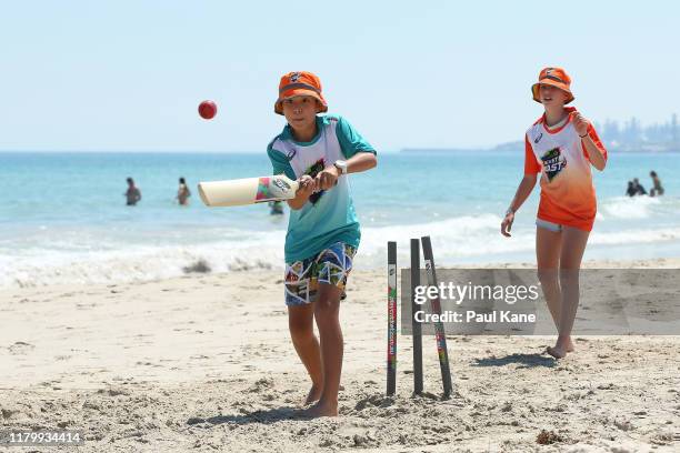 Cricket Blast kids play beach cricket during the Perth Day-Night Test Match Media Opportunity at North Fremantle on October 09, 2019 in Perth,...