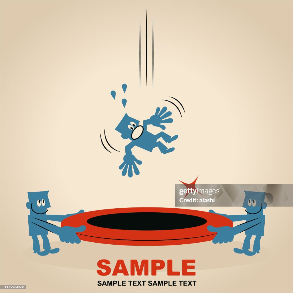 Two businessmen holding a trampoline (life net, jumping sheet) to rescue a falling man (jump to safety)