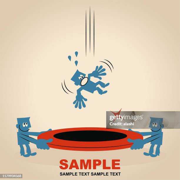 two businessmen holding a trampoline (life net, jumping sheet) to rescue a falling man (jump to safety) - mini trampoline stock illustrations