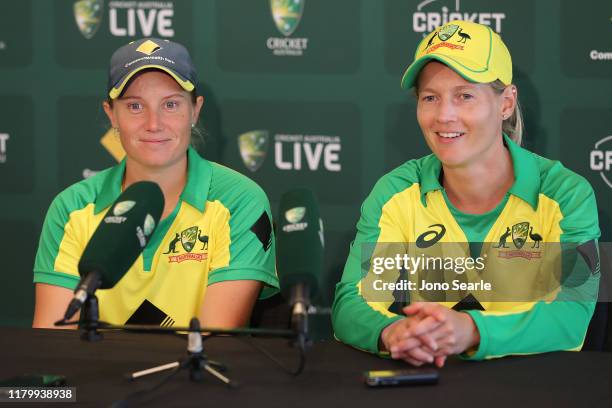 Alyssa Healy and Meg Lanning talk at a press conference after winning Game 3 of the One Day International Series between Australia and Sri Lanka at...