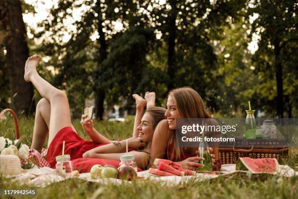 young women taking selfie during a picnic in nature - piquenique imagens e fotografias de stock