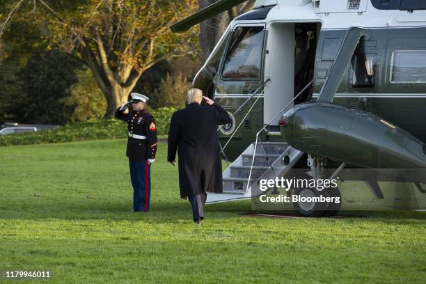 President Donald Trump boards Marine One on the South Lawn of the White House in Washington, D.C., U.S., on Monday, Nov. 4, 2019. Trump continues a...