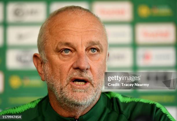 Australia Head Coach Graham Arnold speaks to media during an Australian Socceroos training session and media opportunity at GIO Stadium on October...