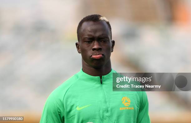 Awer Mabil of the Socceroos during an Australian Socceroos training session and media opportunity at GIO Stadium on October 09, 2019 in Canberra,...