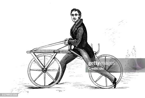 ilustrações de stock, clip art, desenhos animados e ícones de baron of drais with his wheel bicycle innovation - bicicleta vintage