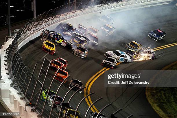 Multi-car crash involving several drivers including Kurt Busch, driver of the Shell/Pennzoil Dodge, Mark Martin, driver of the Carquest/GoDaddy.com...