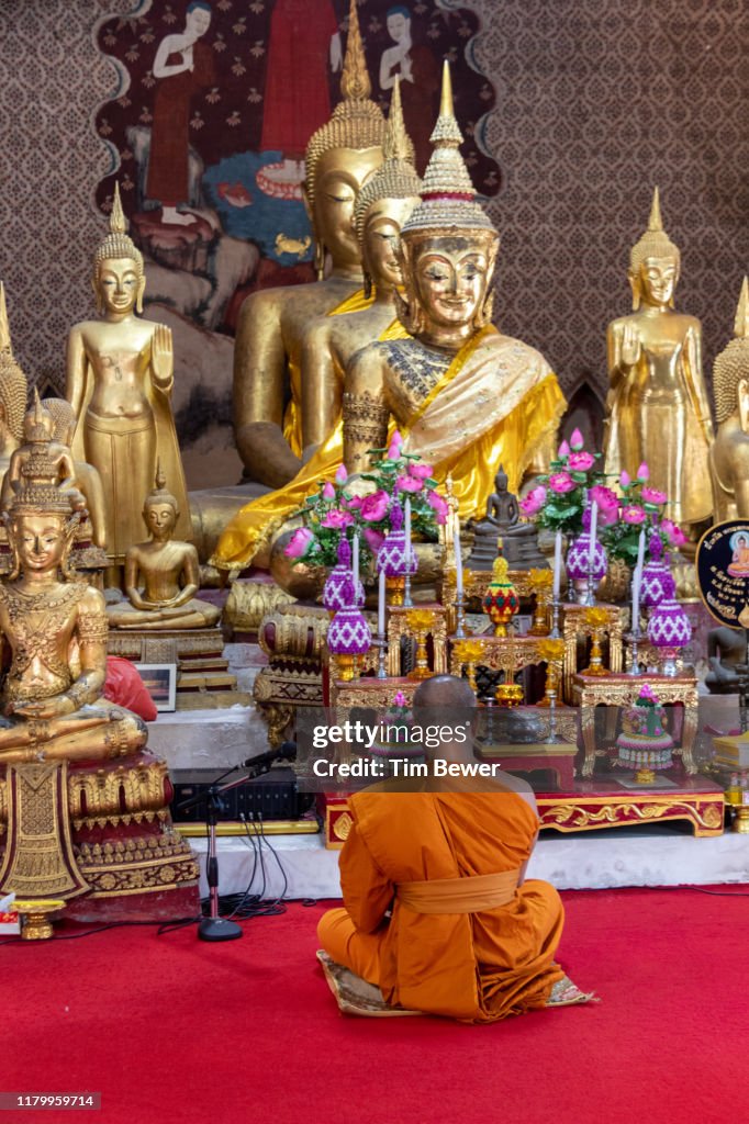 Monk in front of Buddha images.