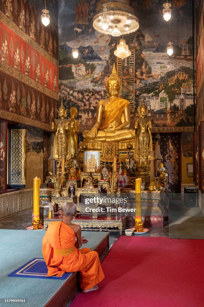 Monk in front of Buddha images.