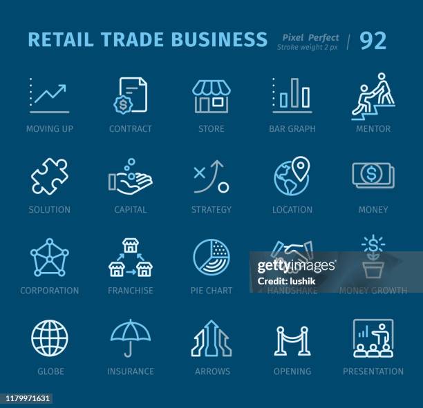 retail trade - outline icons with captions - founder icon stock illustrations