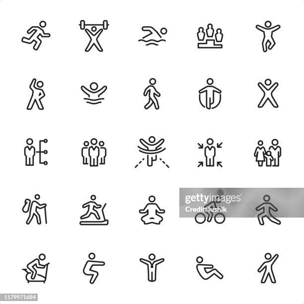 sport und sport - umriss icon set - entspannungsübung stock-grafiken, -clipart, -cartoons und -symbole