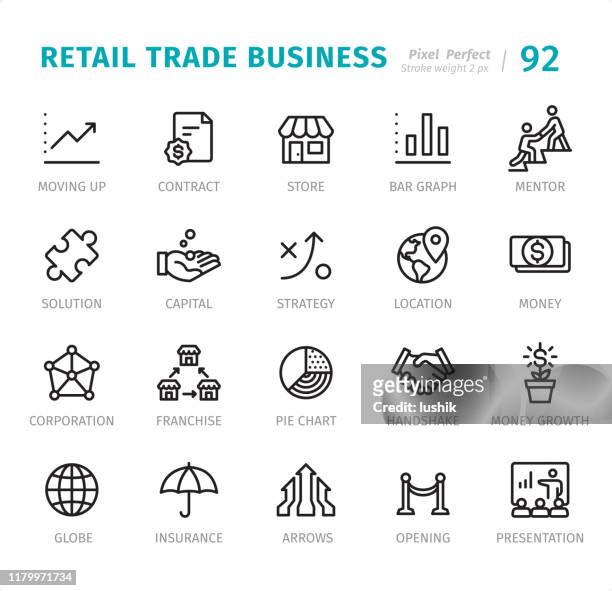 ilustraciones, imágenes clip art, dibujos animados e iconos de stock de retail trade business - pixel perfect iconos de línea con subtítulos - franchising
