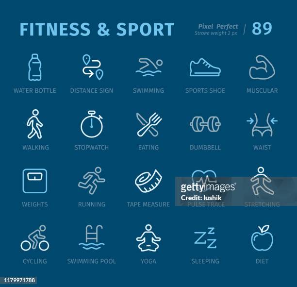 fitness und sport - umrisssymbole mit beschriftungen - aqua aerobics stock-grafiken, -clipart, -cartoons und -symbole