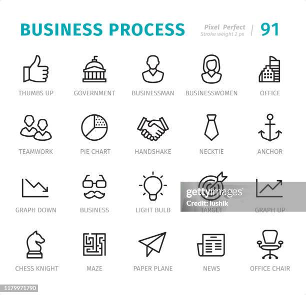 business process - pixel perfect line icons with captions - chess piece isolated stock illustrations