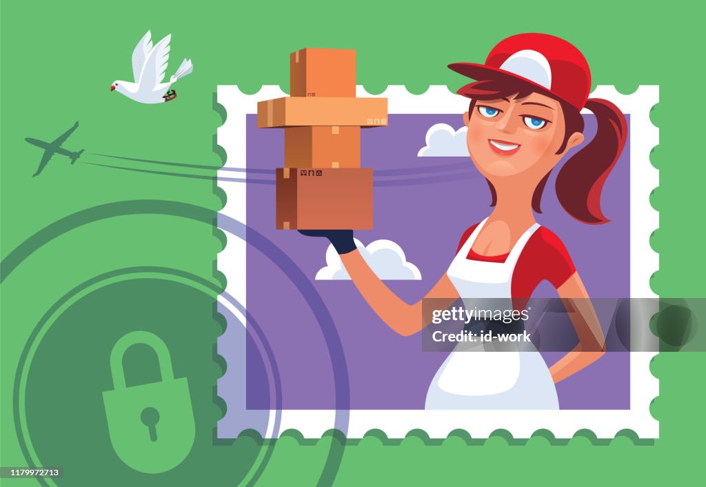 Courier girl holding stack of cartons with locked sign