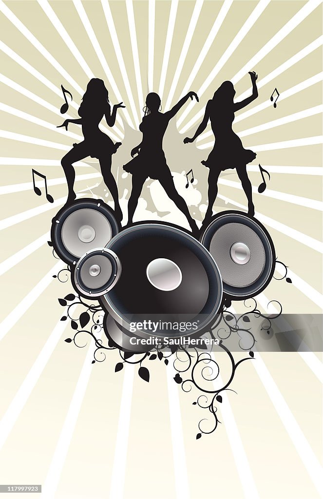 Silhouettes dancing in audio speakers