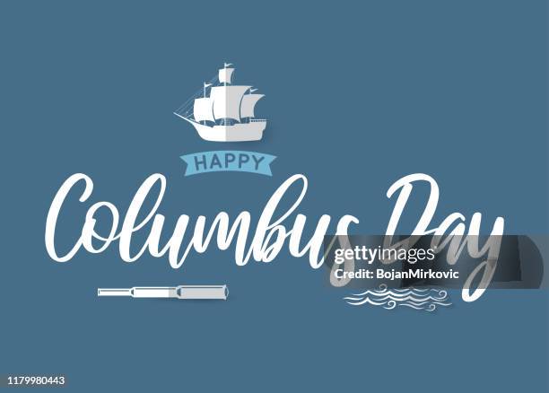 columbus day poster with ship, telescope and waves. vector - vehicle-features-icon stock illustrations