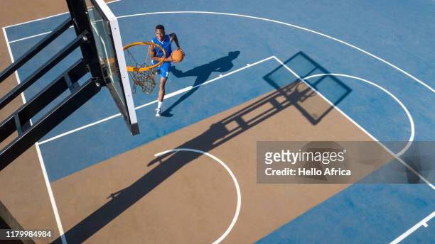 Aerial shot of basketball readying to jump and score