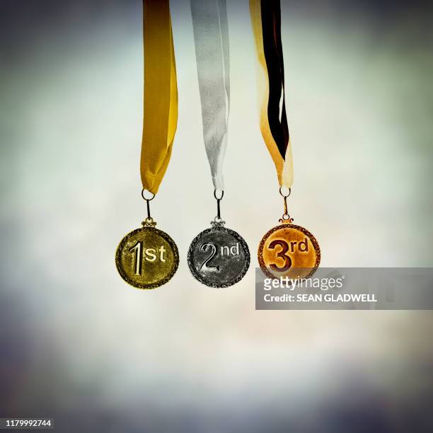 1st 2nd 3rd medals on ribbons - silver medal with ribbon stock pictures, royalty-free photos & images