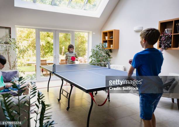 challenging his brother to a game of table tennis - game room 個照片及圖片檔