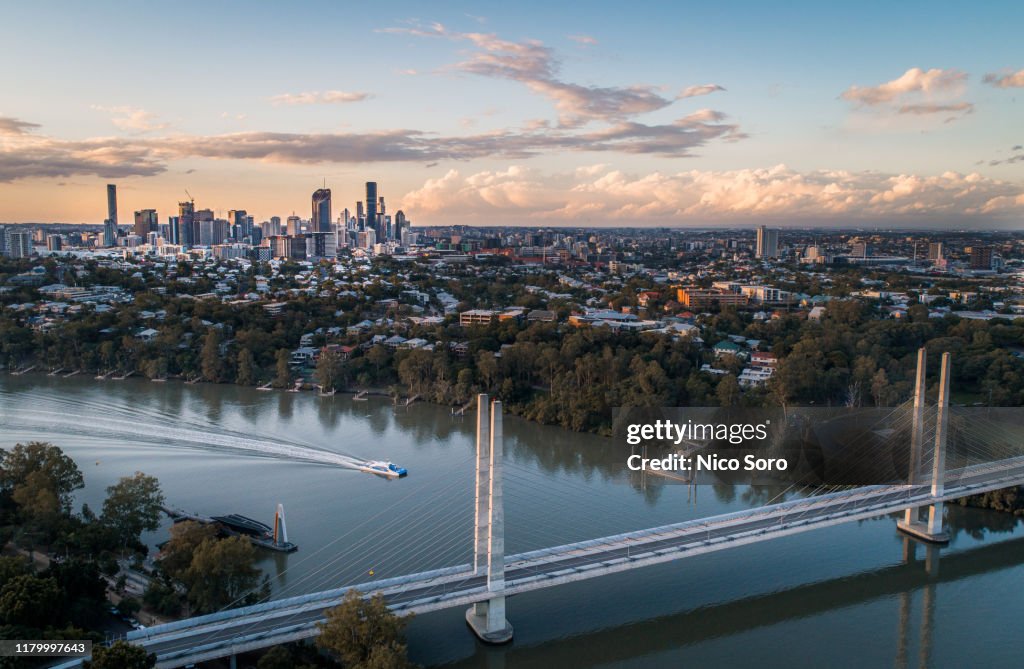 Aerial view of Brisbane from St Lucia Suburb at Sunset