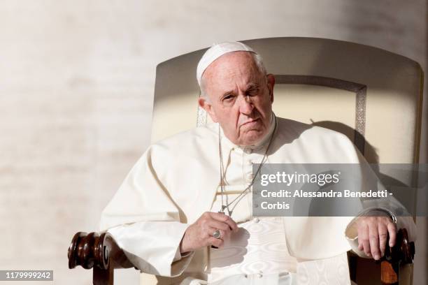 Pope Francis attends his general weekly audience in St. Peter's Square, on October 09, 2019 in Vatican City, Vatican.