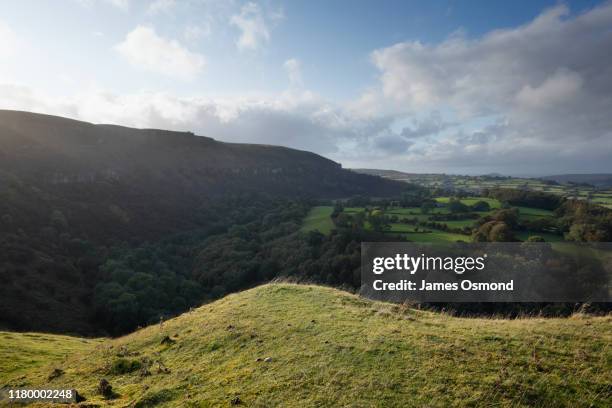 view over woodland and fields from the llangattock escarpment. - escarpment stock pictures, royalty-free photos & images