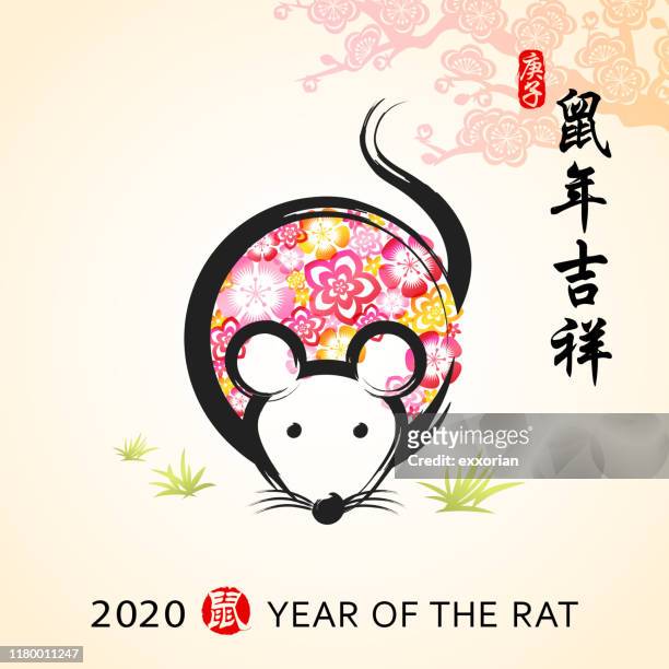 ilustrações, clipart, desenhos animados e ícones de ano da pintura do estilo do chinês do rato com floral - tinta e pincel