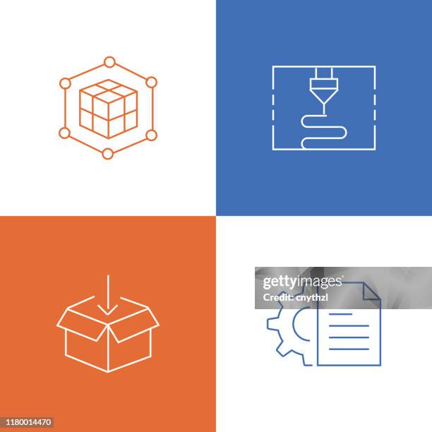 vector illustration 3d printing and modeling related thin line icons. editable vector stroke. - plastic polymer stock illustrations