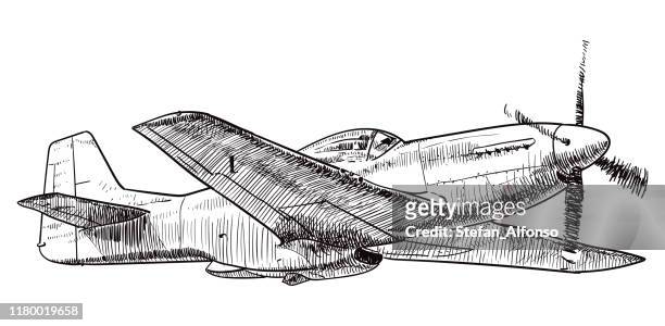 illustrazioni stock, clip art, cartoni animati e icone di tendenza di disegno dell'aereo da combattimento della seconda guerra mondiale - mustang - wwii fighter plane