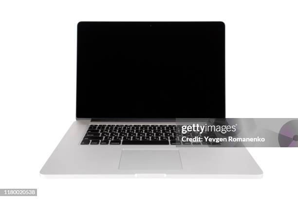 new shiny aluminum laptop isolated on white background - open laptop stock pictures, royalty-free photos & images