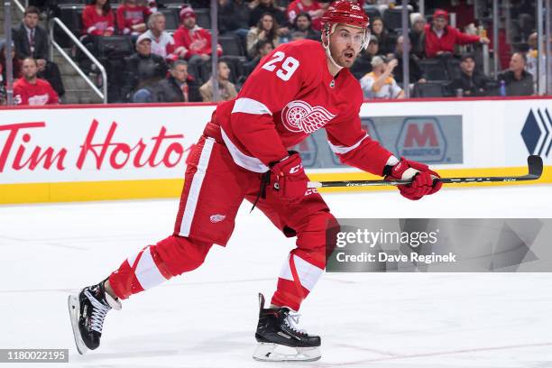 Brendan Perlini of the Detroit Red Wings follows the play during an NHL game against the Nashville Predators at Little Caesars Arena on November 4,...