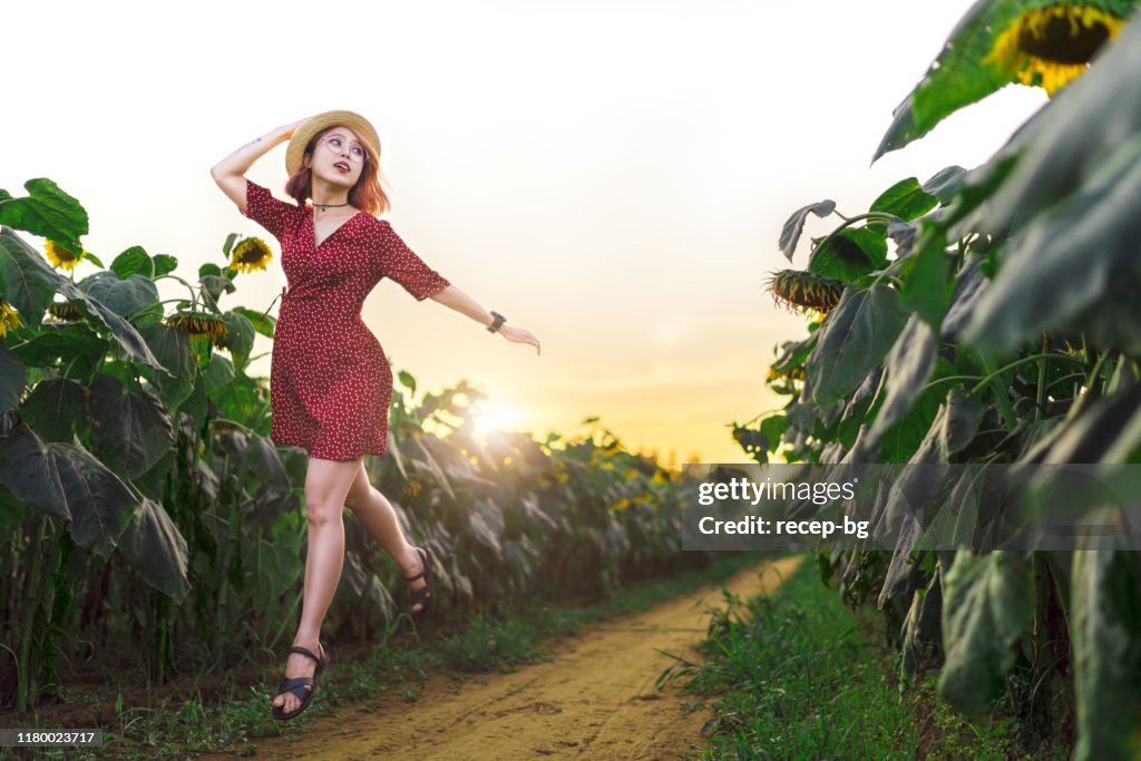 年輕女子的肖像在向日葵領域,而跳躍
