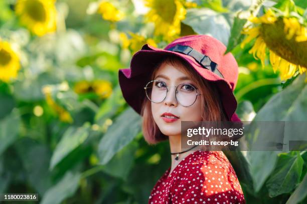 porträt der jungen frau auf dem sonnenblumenfeld - kapotthut stock-fotos und bilder