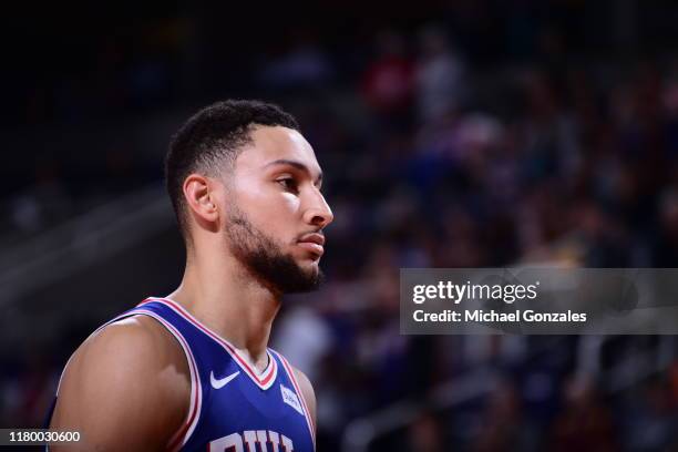 Ben Simmons of the Philadelphia 76ers looks on against the Phoenix Suns on November 4, 2019 at Talking Stick Resort Arena in Phoenix, Arizona. NOTE...