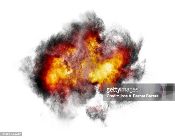 explosion of fire and smoke on a white background. - exploderen stockfoto's en -beelden