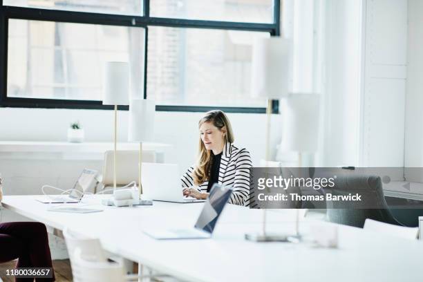 Businesswoman working on laptop in coworking office