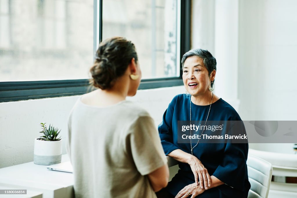 Smiling senior businesswoman in discussion with client in office conference room