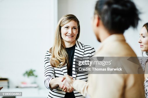 Smiling businesswoman shaking hands with client before meeting Smiling businesswoman shaking hands with client before meeting