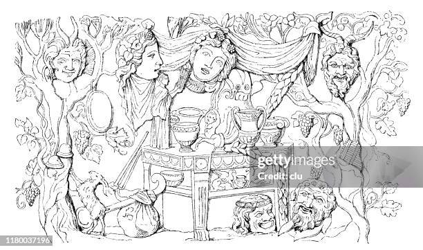 dionysus symbols - drinking wine stock illustrations