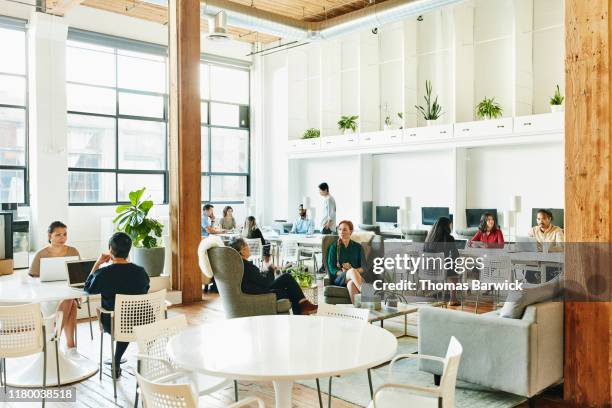 interior view of businesspeople working in coworking office - coworking fotografías e imágenes de stock