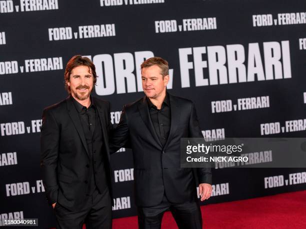 British actor Christian Bale and US actor Matt Damon arrive for the premiere of 20th Century Fox's "Ford v Ferrari", November 4, 2019 at the TCL...