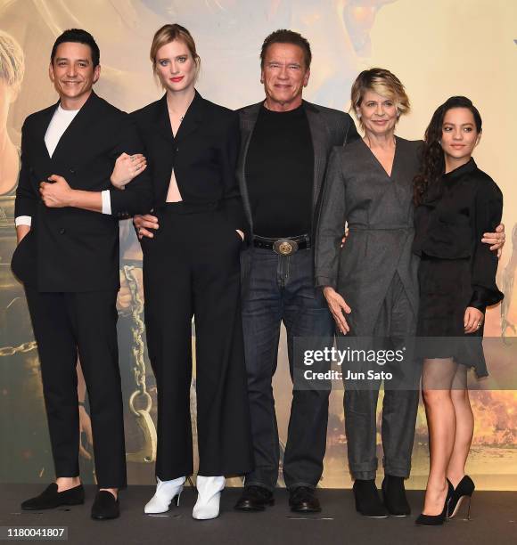 Gabriel Luna, Mackenzie Davis, Arnold Schwarzenegger, Linda Hamilton and Natalia Reyes attend the press conference for the Japan premiere of...