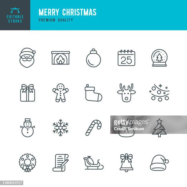 weihnachten - dünne linie vektor-symbol-set. bearbeitbarer strich. pixel perfekt. set enthält solche symbole wie weihnachtsmann, weihnachten, geschenk, redes, weihnachtsbaum, schneeflocke. - lichterkette dekoration stock-grafiken, -clipart, -cartoons und -symbole