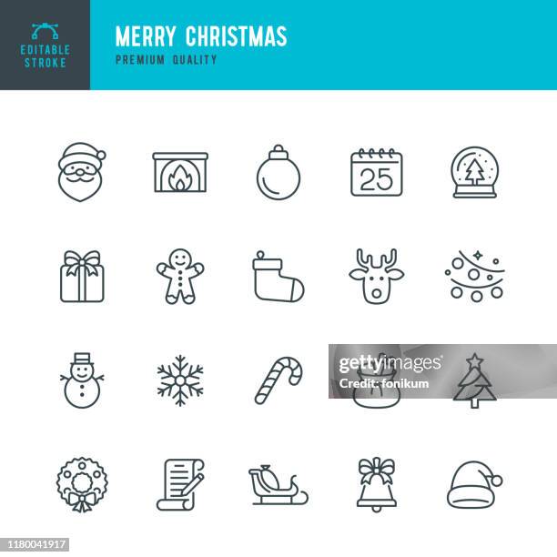 illustrations, cliparts, dessins animés et icônes de christmas - ensemble d'icône de vecteur de ligne mince. accident vasculaire cérébral modifiable. pixel parfait. l'ensemble contient des icônes telles que le père noel, noel, cadeau, renne, arbre de noel, flocon de neige. - bougie de noël