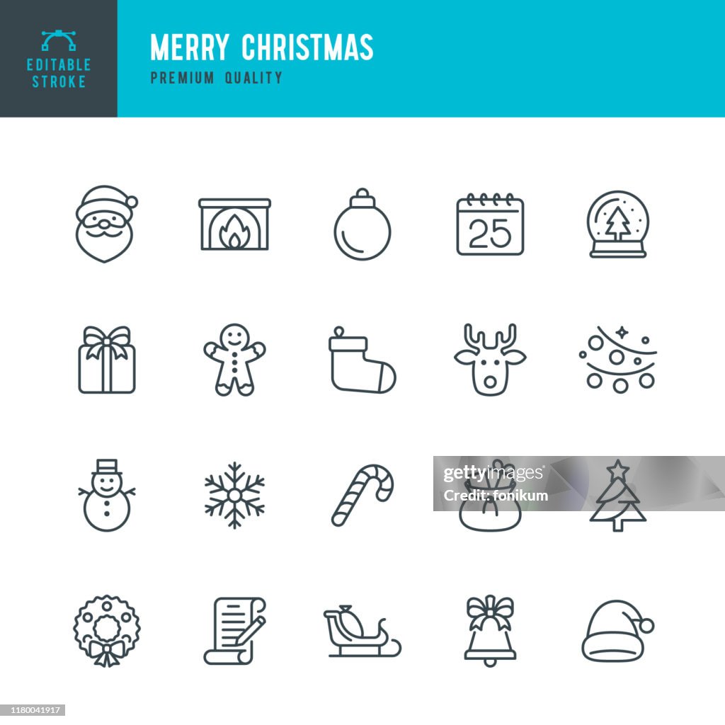 Christmas - thin line vector icon set. Editable stroke. Pixel Perfect. Set contains such icons as Santa Claus, Christmas, Gift, Reindeer, Christmas Tree, Snowflake.