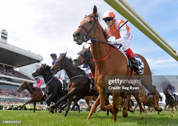 Vow And Declare ridden by Craig Williams wins the Lexus Melbourne Cup ,at Flemington Racecourse on November 05, 2019 in Flemington, Australia.