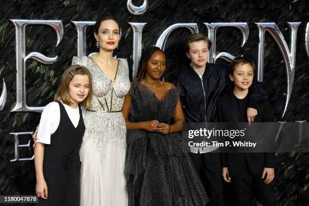 Vivienne Marcheline Jolie-Pitt, Angelina Jolie, Zahara Marley Jolie-Pitt, Shiloh Nouvel Jolie-Pitt and Knox Jolie-Pitt attend the European premiere...