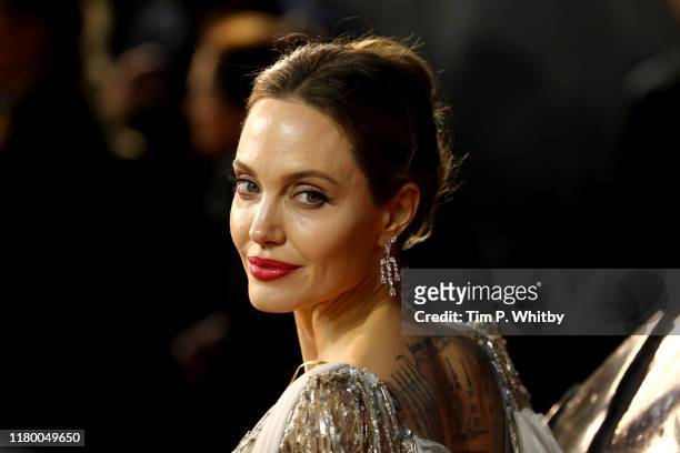 Angelina Jolie attends the European premiere of "Maleficent: Mistress of Evil" at Odeon IMAX Waterloo on October 09, 2019 in London, England.