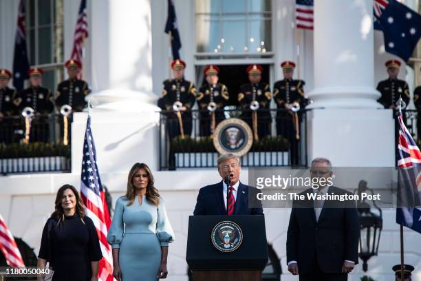 President Donald J. Trump and First Lady Melania Trump, Australian Prime Minister Scott Morrison and his wife Jenny Morrison stand during a State...